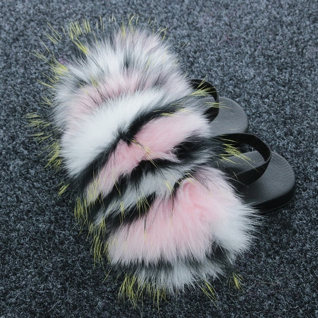 Kids Fur Slipper With Strap Fluffy Raccoon Rainbow Slides Furry Real Fox Fur Sandals Cute Children Plush flip Flops Flat Shoes