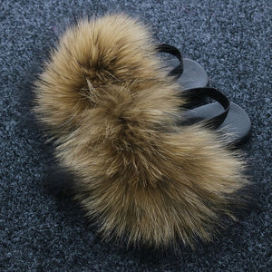 Kids Fur Slipper With Strap Fluffy Raccoon Rainbow Slides Furry Real Fox Fur Sandals Cute Children Plush flip Flops Flat Shoes