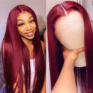 Peruvian Straight Hair 13X1 Lace Front Wig Human Hair Wigs 99J Red Burgundy Pre-Plucked 180%