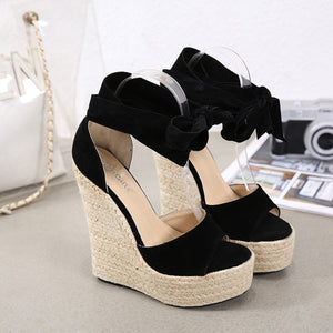 Women Summer Butterfly Knot Solid Black Open Toe Sandals Fashion Platform High Heels Wedge Shoes Ankle Bowtie Dress Shoes 35~42