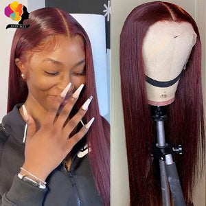 Peruvian Straight Hair 13X1 Lace Front Wig Human Hair Wigs 99J Red Burgundy Pre-Plucked 180%